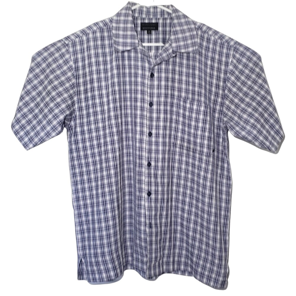 Barcode Casual Button Up Shirt Men's XL Short Sleeve Blue Plaid Polyester